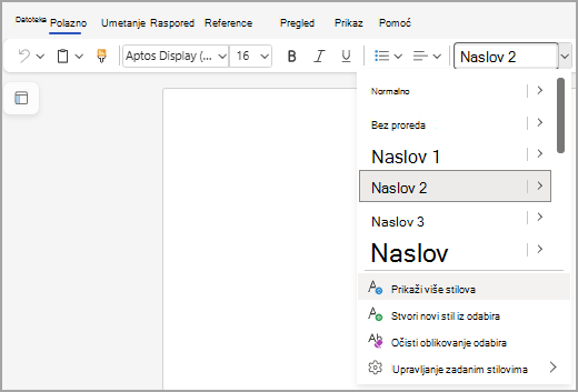 Prikazuje popis Stilovi Word webu s istaknutom mogućnošću "Prikaži više stilova" pri dnu popisa.