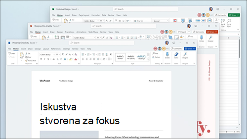 Word, Excel i PowerPoint prikazuju se s vizualnim ažuriranjima na vrpci i zaobljenim kutovima radi podudaranja Windows 11 korisničkom sučelju.