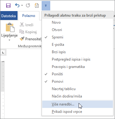 Odabir mogućnosti Više naredbi na alatnoj traci za brzi pristup