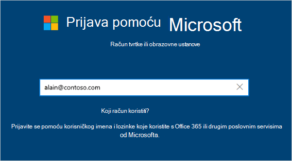 Zaslon za prijavu pomoću adrese e-pošte