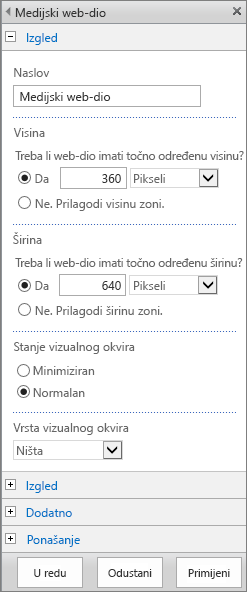 Snimka zaslona koja prikazuje dijaloški okvir Medijski web-dio u sustavu SharePoint Online koji služi za određivanje postavki povezanih s izgledom, rasporedom, dodatnim postavkama i ponašanjem medijskih datoteka. Prikaz mogućnosti za izgled, uključujući naslov, visinu, širinu i stanje i vrstu vizualnog okvira.