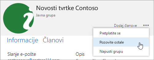 Snimka zaslona na kojoj se prikazuje gumb Pozovi druge na kartici grupe.