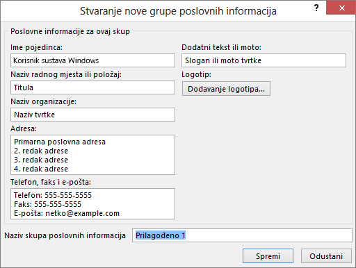 Snimka zaslona na kojoj se prikazuje dijaloški okvir Stvaranje nove grupe poslovnih informacija.