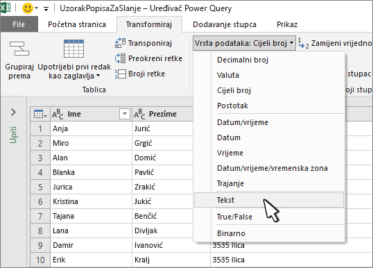 Power Query s odabranim tekstom