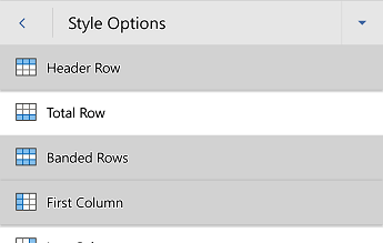 Word for Android table style options menu, with Header Row selected.