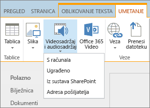 Snimka zaslona koja prikazuje vrpcu sustava SharePoint Online. Odaberite karticu Umetanje i zatim Videozapis ili audiozapis da biste odredili želite li dodati datoteku s računala, mjesta sustava SharePoint, web-adrese ili pak putem koda za ugradnju.