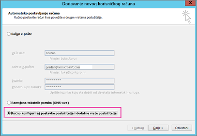 Odaberite ručno Konfiguriraj postavke poslužitelja ili dodatne vrste servisa.