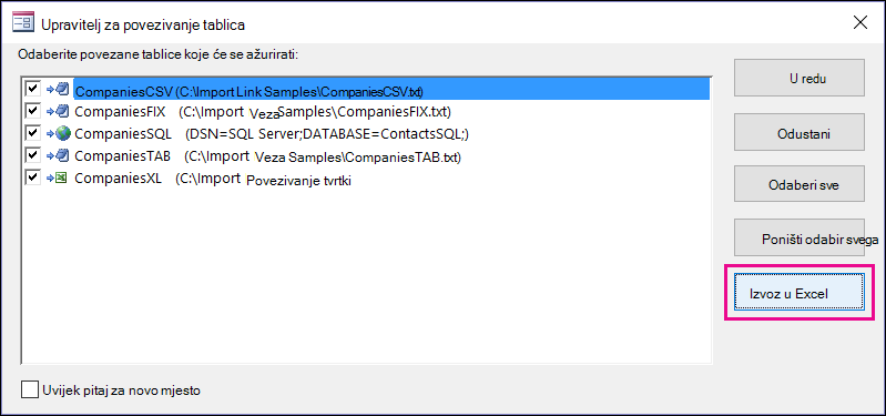 Dijaloški za upravljanje povezanim tablicama u programu Access s odabranim gumbom Izvezi u Excel.