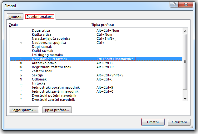 Na kartici „Posebni znakovi” kliknite redak „Nerastavljajući razmak” da biste ga označili, a zatim kliknite „Umetni”.