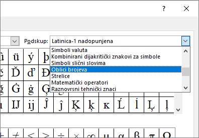 Odaberite Obrasci brojeva u dijaloškom okviru Podskup da biste prikazali razlomke i druge matematičke simbole