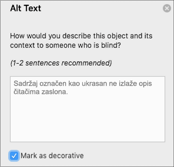 Potvrđeni okvir Označi kao ukrasno u oknu za zamjenski tekst u programu Word za Mac.