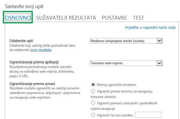 Kartica OSNOVNO prilikom konfiguriranja upita u web-dijelu Pretraživanje sadržaja