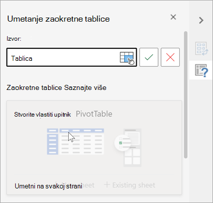 Umetnite okno zaokretne tablice u kojem se traži da tablica ili raspon koriste kao izvor i omogućuju promjenu odredišta.