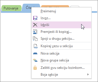 Screenshot of how to delete a section in OneNote 2016.