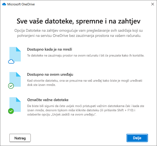 Zaslon Datoteke na zahtjev u čarobnjaku Dobro došli u OneDrive