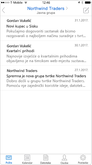 Prikaz razgovora u mobilnoj aplikaciji Outlook