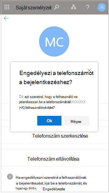 Képernyőkép a "Telefonszám engedélyezése a bejelentkezéshez?