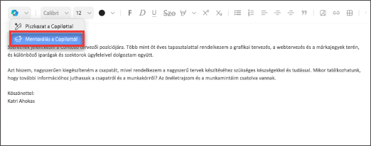 A Mentorálás a Copilottal menübeállítás a Mac Outlookban