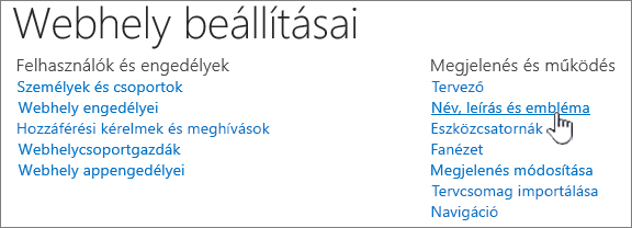 Webhely beállításai a kijelölt Cím, leírás és embléma beállítással