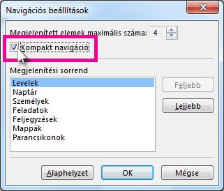 A Kompakt navigáció parancs a Navigációs beállítások párbeszédpanelen