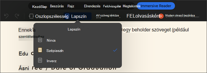 a modern olvasó képernyőképe, amelyen ki van választva az oldalszín, a lehetőségek: nincs, szépia, inverz