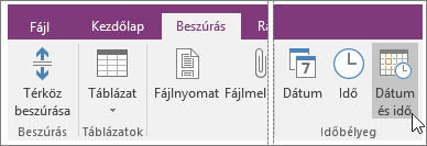 Képernyőkép a OneNote 2016 Dátum és idő gombjáról.