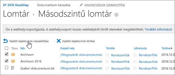 SharePoint – másodfokú újrahasznosítás kijelölt visszaállítás gombbal