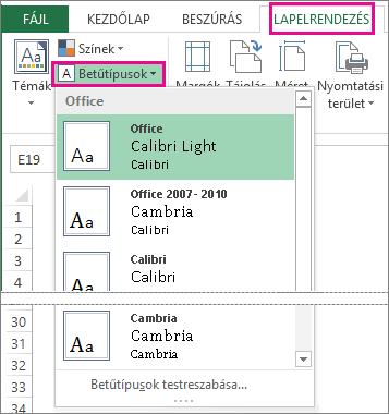 A betűtípus-gyűjtemény a Lapelrendezés lapon