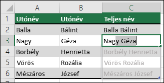 Adatok összefűzése a Villámkitöltés funkcióval