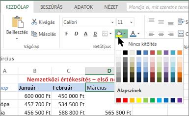 A Kitöltőszín gomb és választási lehetőségei a menüszalagon