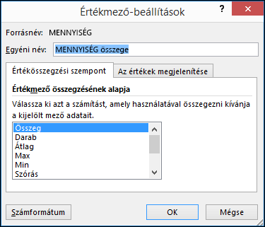 Az Értékösszegzési szempont lap lehetőségei az Excel Értékmező-beállítások párbeszédpaneljén