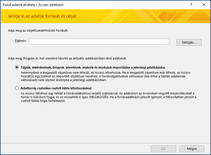 Képernyőkép a Külső adatok átvétele – Access-adatbázis importálási varázslóról