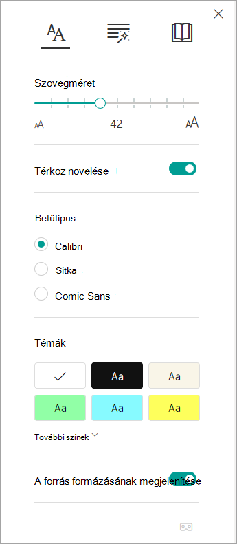 Szövegbeállítások a Modern olvasóban.