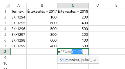 Az AutoSzum gombbal automatikusan észlelt cellatartomány