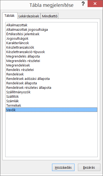 A Tábla megjelenítése párbeszédpanel az Accessben táblanevekkel