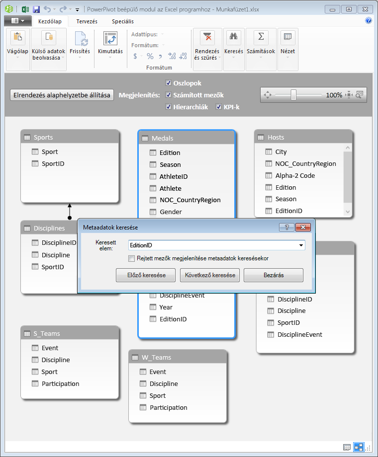 Keresés a PowerPivot diagramnézetében