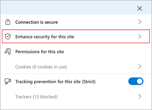 A Microsoft Edge webhelyinformációs menüje a Webhely biztonságának növelése funkcióval. 