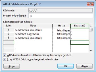 A WBS-kód definiálása párbeszédpanel képe
