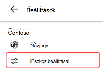 Képernyőkép az eszközbeállítások felhasználói felületéről a Teams-panel