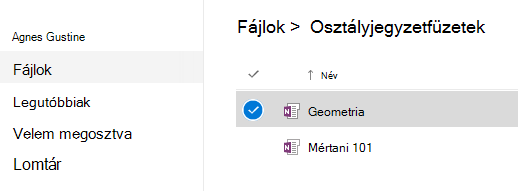 Osztályjegyzetfüzet be van jelölve a Osztályjegyzetfüzet mappa a onedrive-on.