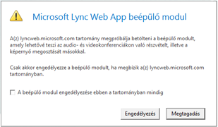 Lync Web Access – mindig vagy csak ebben a munkamenetben legyen-e megbízható a beépülő modul a tartományban