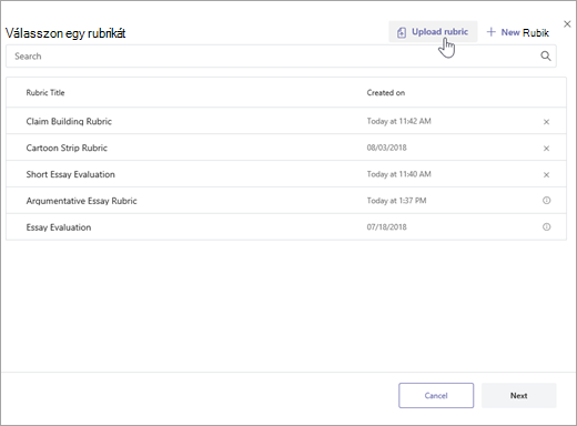 Válassza a Rubric feltöltése lehetőséget.