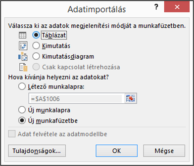 Az Excel 2016 Adatimportálás párbeszédpanelje