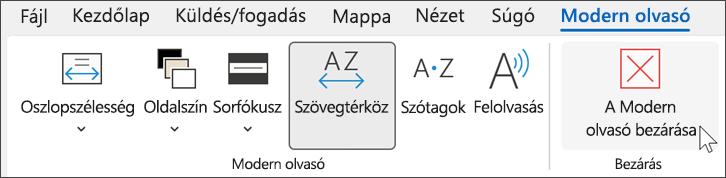 Modern olvasó eszköz az Outlookban, a kurzor a „bezárás” elem fölött