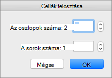 Képernyőkép a Cellák felosztása párbeszédpanelről az oszlopok és sorok számának beállításával.