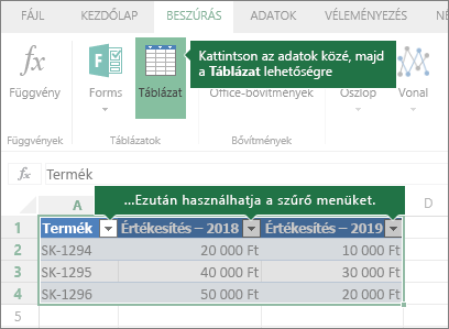 Beszúrás lap, Táblázat gomb, Szűrő menük