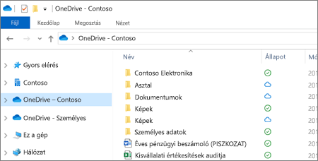 Képernyőkép: a OneDrive Vállalati verzióban tárolt fájlok a Fájlkezelőben