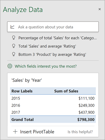 Az Adatok elemzése panel testreszabott javaslatokat jelenít meg.
