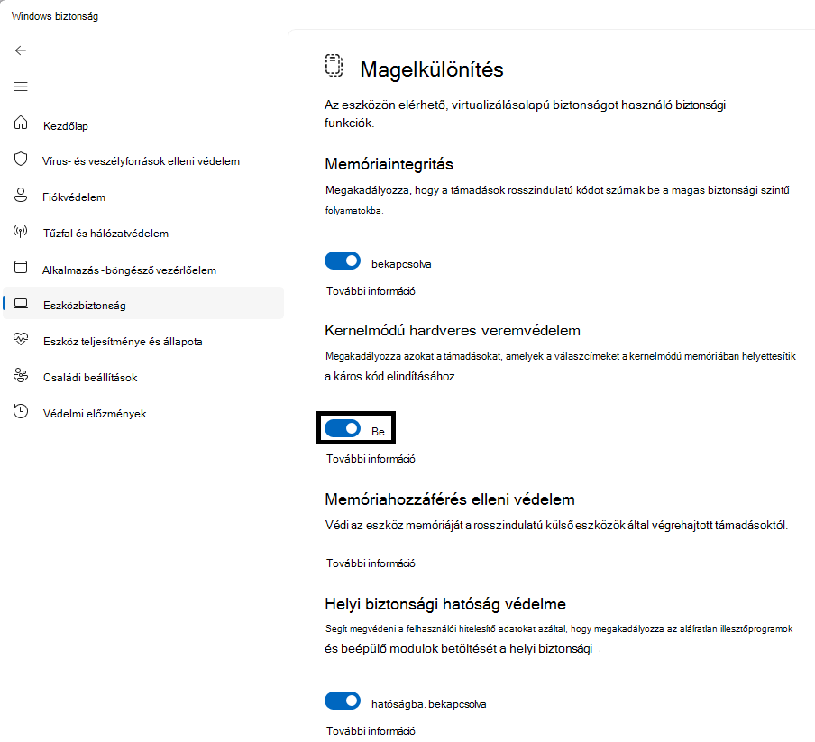 A Rendszermag módú hardveresen kényszerített Stack Protection felhasználói felület kapcsolójának helyét jelzi a Windows Biztonsági alkalmazás Magelkülönítés lapján.