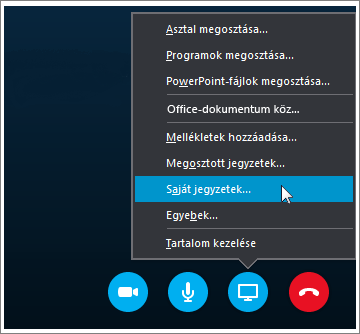 Képernyőkép, mely szemlélteti, hogyan oszthat meg OneNote 2016-jegyzeteket a Skype Vállalati verzióban.